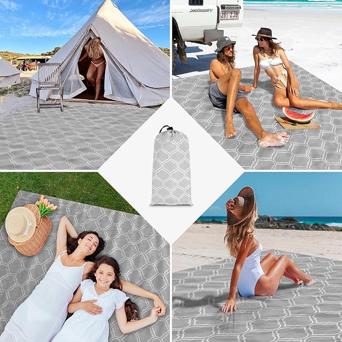 Waterproof Sandproof Beach Blanket, 110" X 118" Extra Large Beach Mat for 8 Adults, Foldable Lightweight Polyester Outdoor Picnic Blanket with 4 Stakes & 4 Corner Pockets for Travel, Camping, Hiking