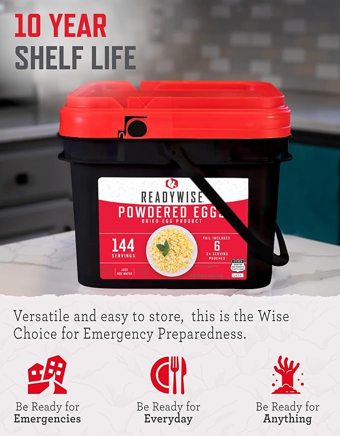 READYWISE - Powdered Eggs Bucket, 144 Servings, Emergency, MRE Food Supply, Premade, Freeze Dried Survival Food for Hiking, Adventure & Camping Essentials, Individually Packaged, 25 Year Shelf Life