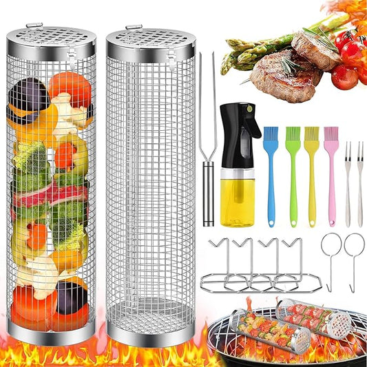 Rolling Grilling Basket, 2 PCS BBQ Grill Basket， Stainless Steel Grill Mesh with Grilling Accessories, Portable Outdoor Camping BBQ Grill Nets Cylinder for Fish, Shrimp, Vegetables, Meat