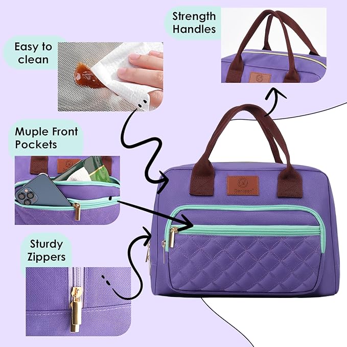 Lunch Bag Insulated Women Girls Teens Insulated Tote LunchBox for Adult Men Reusable Lunch Box with Front Pocket for Work, Picnic or Travel-18 Cans/14 Liters Purple