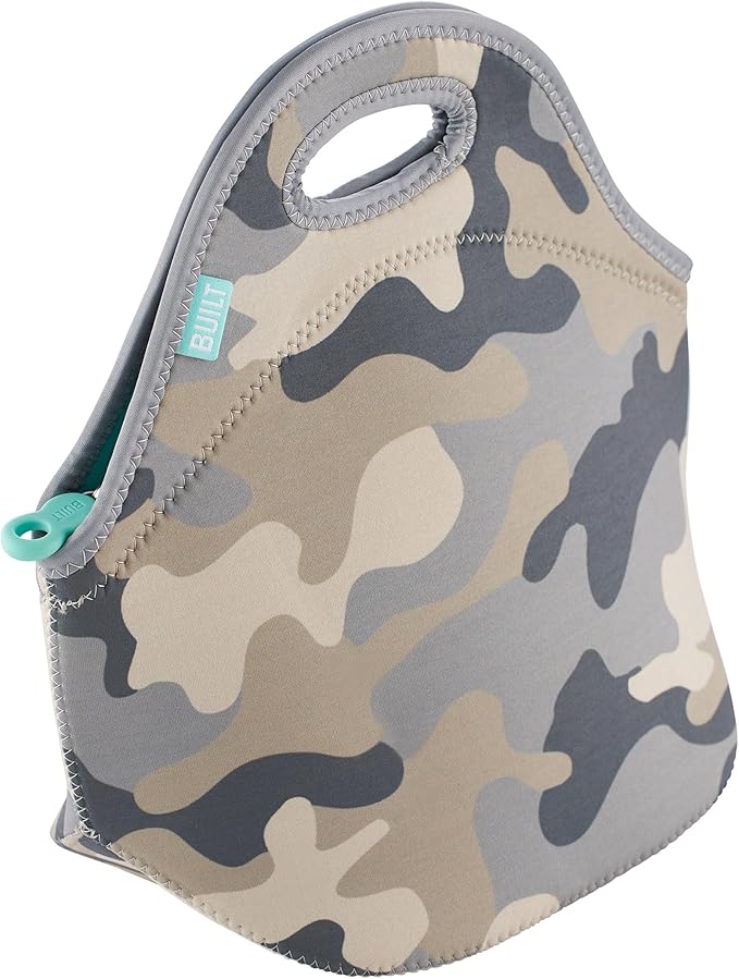 BUILT Gourmet Getaway Soft Neoprene Lunch Tote Bag Lightweight, Insulated and Reusable, One Size, Concrete Grey Camo