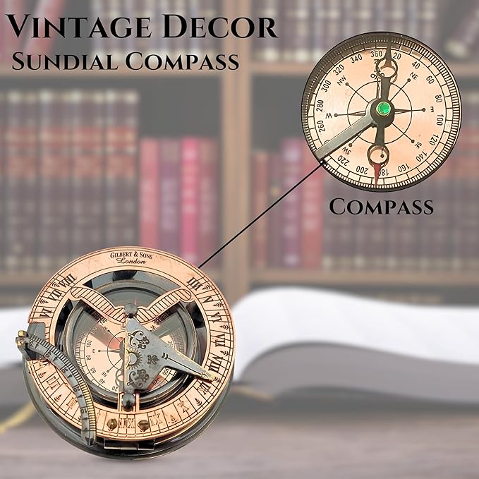 Antique Brass & Copper Sundial Compass, Sundial Clock in Box Gift Sun Clock Ship Replica Watch, Nautical Gifts for Men, Unique Nautical Decor, Naval Maritime Sundial