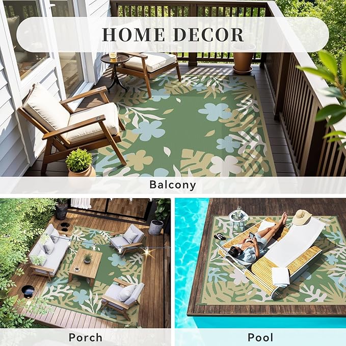 MontVoo Outdoor Rug Waterproof 6x9 ft RV Outdoor Rug for Camping Picnic Mat Outdoor Patio Rug Carpet Plastic Straw Reversible Floral Green Yellow