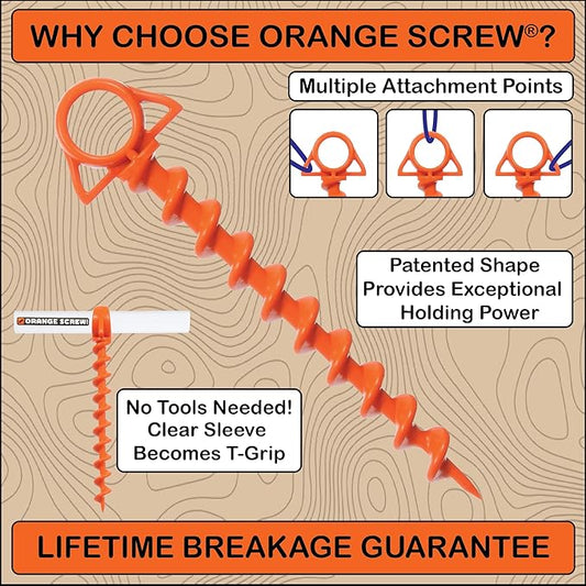 Ultimate Ground Anchors: Heavy Duty Screw-in Tent Stakes for High Wind, Sand, Canopies, and Camping - Made in USA, 100% Recycled, Included T-Grip Tool - (Large, Single Pack, Orange)