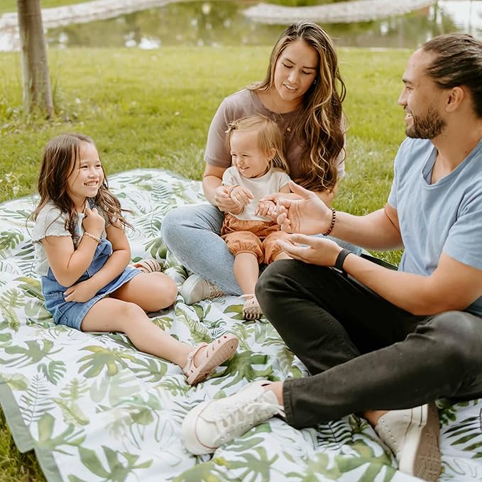 Little Unicorn Outdoor Family Picnic & Beach Blanket, Water-Resistant, Compact Fold, XL Size, 5 x 10 feet, (Tropical Leaf)