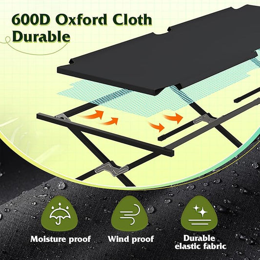 WLIVE Military Camping Cot, Portable Folding Cots for Sleeping with Carry Bag, Outdoor Camping Bed for Adults with Side Pocket, Support 300 Lbs, Black