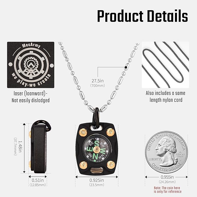 MecArmy CMP/CMP2 Mini Compass- Meaningful Graduation Birthday Gifts for Men Women, EDC Titanium/Brass/Copper Pocket Compass for Hiking SurvivaI, IPX5 Waterproof, Glow in The Dark, Necklace Pendant