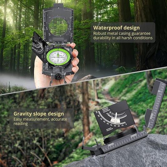 Compass Hiking Survival, IP65 Waterproof Metal Compass with Sighting Clinometer and Carry Bag, Multifunctional, Professional, for Camping Hunting Hiking Navigation