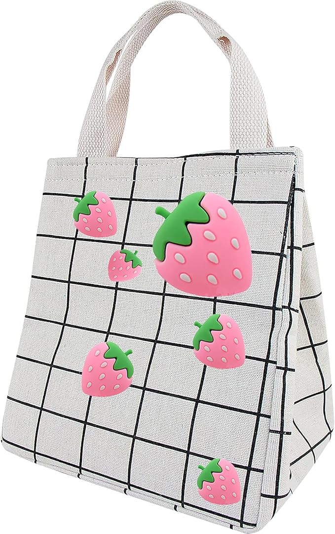 Lunch Bag Insulated Lunch Box for Women Men,Reusable Adult Lunch Tote Bags for Work or Travel (Pink Strawberry White)