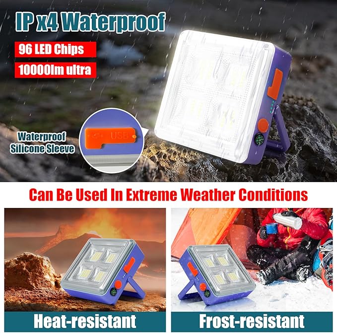 Solar Work Lights 4800mAh 4 Light Modes 10000 Lumen Waterproof USB Power Outages Solar Camping Lights with Hanging Clips for Outdoor Hiking Emergency Hurricane Car Repairing