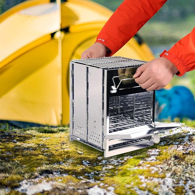 REDCAMP Wood Burning Folding Camp Stove Stainless Steel Grill, Portable Collapsible Backpacking Stove Survival Rocket Stove for Hiking Outdoor Tent Camping Picnic BBQ, Large