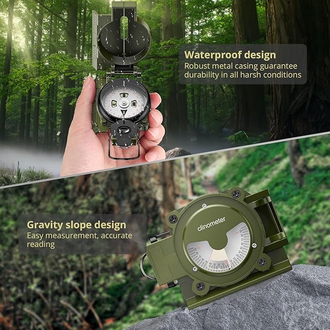 Compass Hiking with Clinometer, Strong Magnetic Intensity 3000 Gauss Professional Military Compass Waterproof Lensatic with Carry Bag, for Navigation Hiking Camping Hunting