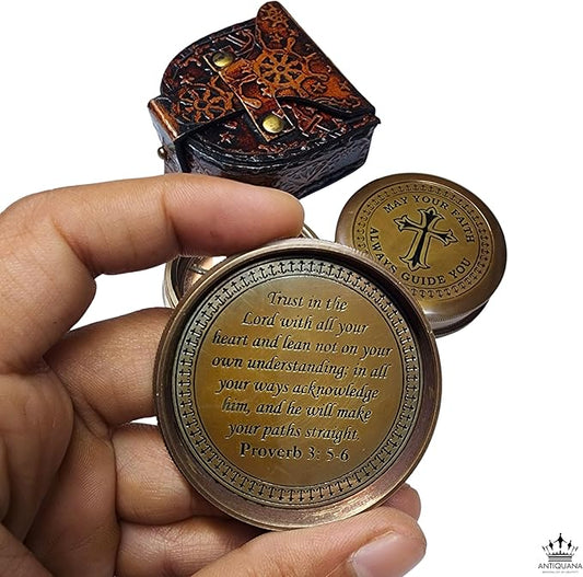 Trust in The Lord with All Your Heart - Proverbs 3:5-6 Quote Engraved Compass with Wooden Box or Leather case, Greeting Card, Gift Compass, Graduation Day Gifts 2025 for Women Men Boys Girls