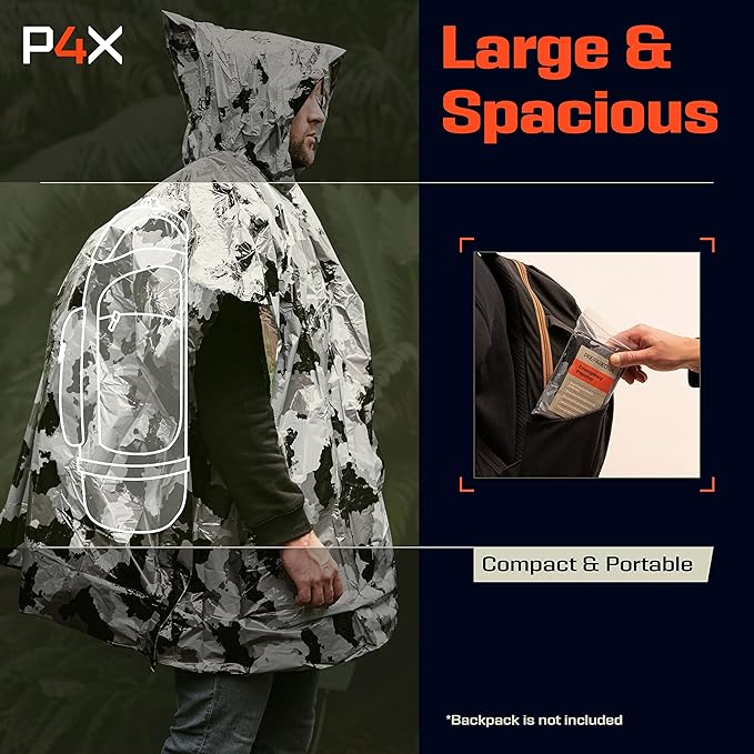 PREPARED4X Emergency Rain Poncho with Mylar Blanket Liner - Survival Blankets for Car - Heavy Duty, Waterproof Camping Gear