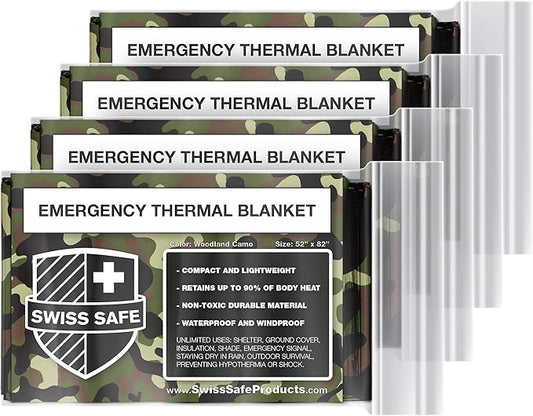 Swiss Safe Emergency Mylar Thermal Blankets + Bonus Space Blanket - Compact & Insulated for Cold Weather - Designed for NASA, Outdoor Camping, Survival, First Aid Car Kit - Woodland Camo, 4 Pack