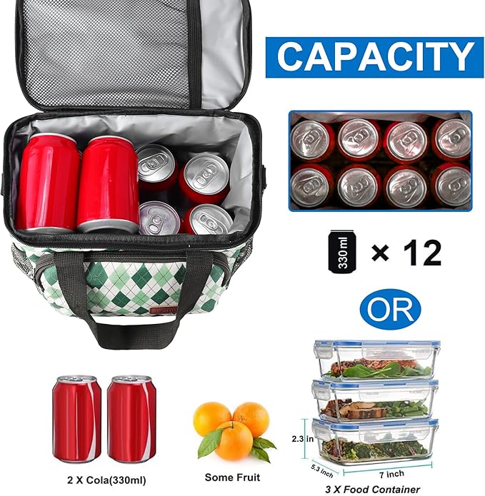 Femuar Lunch Bags for Women/Men, Insulated Lunch Bag for Work Office - Lunch Cooler Bag Leakproof Lunch Box with Adjustable Shoulder Strap - Green plaid