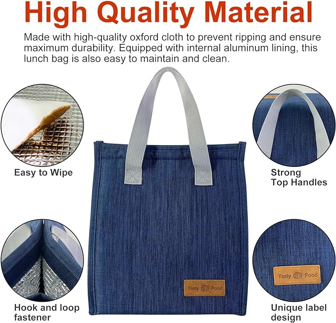 Mziart Dark Blue Oxford Cloth Lunch Bag, 8.86L x 5.12W x 10H, 2 Gallon Capacity, Insulated Aluminum Foil Interior, Leakproof and Lightweight