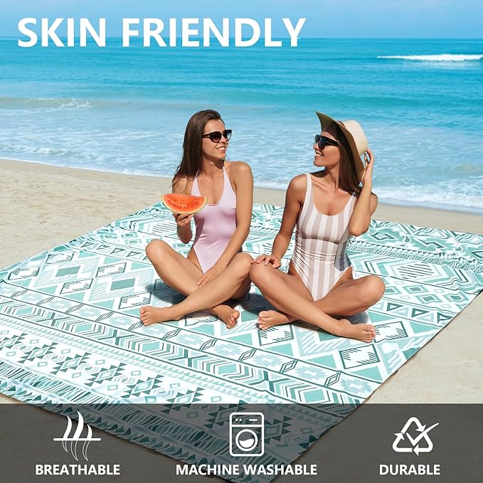 Beach Blanket Waterproof Sandproof Beach Mat 79" X 83" /10'x9'for 2-8 Adults Quick Drying Outdoor Picnic Mat Beach Accessories for Travel, Camping, Hiking