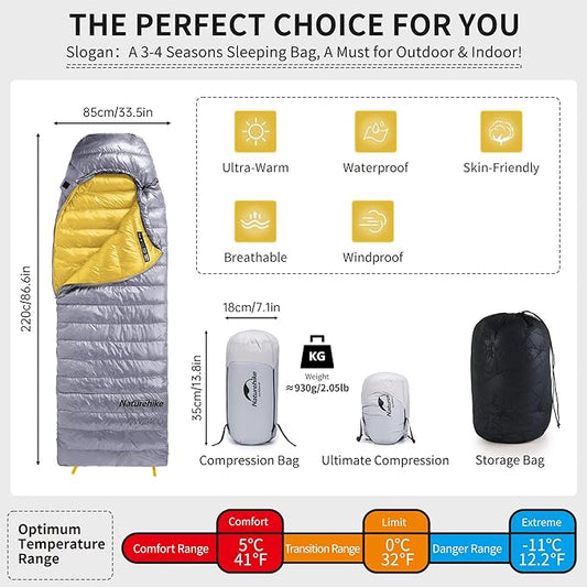 Naturehike Ultralight Down Sleeping Bag, 650FP, 3-4 Season, Adults, 32-42, Waterproof, Compact, Camping, Hiking