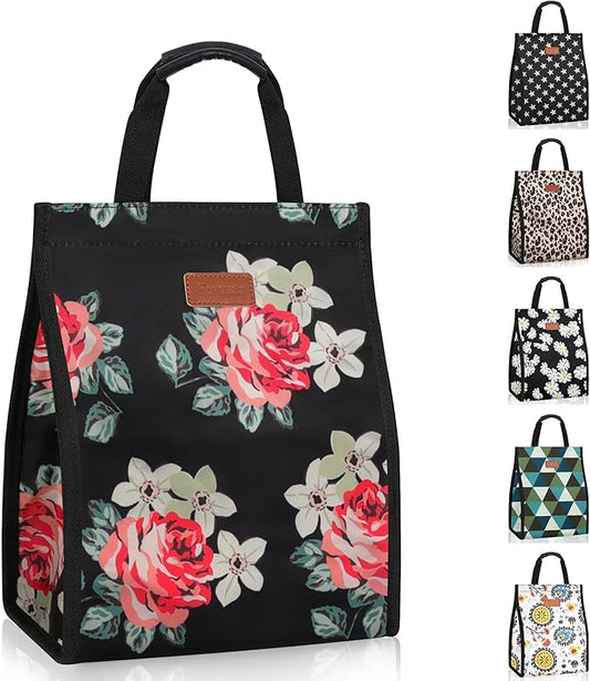 Lunch Bags for Women Insulated Reusable Lunch Tote with Internal Pocket, Lunch Tote bag for Work (Flower)