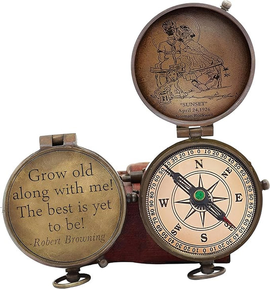 Grow Old Along with me Engraved Compass with Norman Rockwell Sunset Engraving, Valentine Gift, Birthday, Long Distance, Love, Sorry, Keepsakes, Old Memories