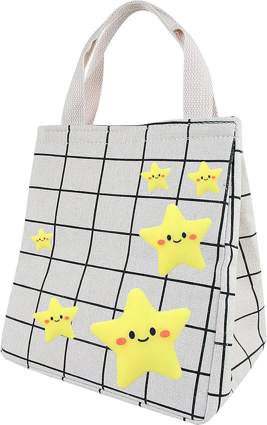 Lunch Bag Insulated Lunch Box for Women Men,Reusable Adult Lunch Tote Bags for Work or Travel (Yellow Star White)