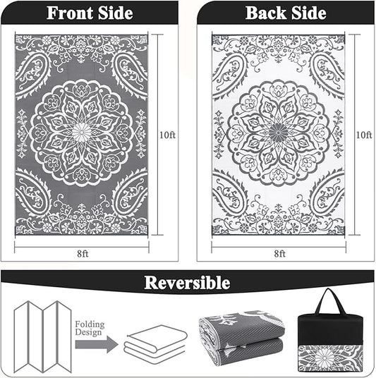 Pauwer Waterproof Outdoor Rug 8x10, Reversible Plastic Straw Patio Camping Rug, Indoor Outdoor RV Mat Carpet for Deck, Camper, Porch, Balcony, Backyard, Picnic, Boho Grey