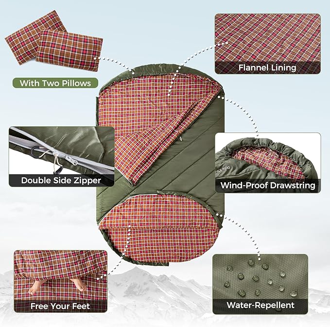KingCamp Double Sleeping Bag for Adults, Queen Size 2 Person XXL Flannel Sleeping Bag, Waterproof Lightweight Flannel Quilt with 2 Pillows, Perfect for Couples Family Camping Hiking
