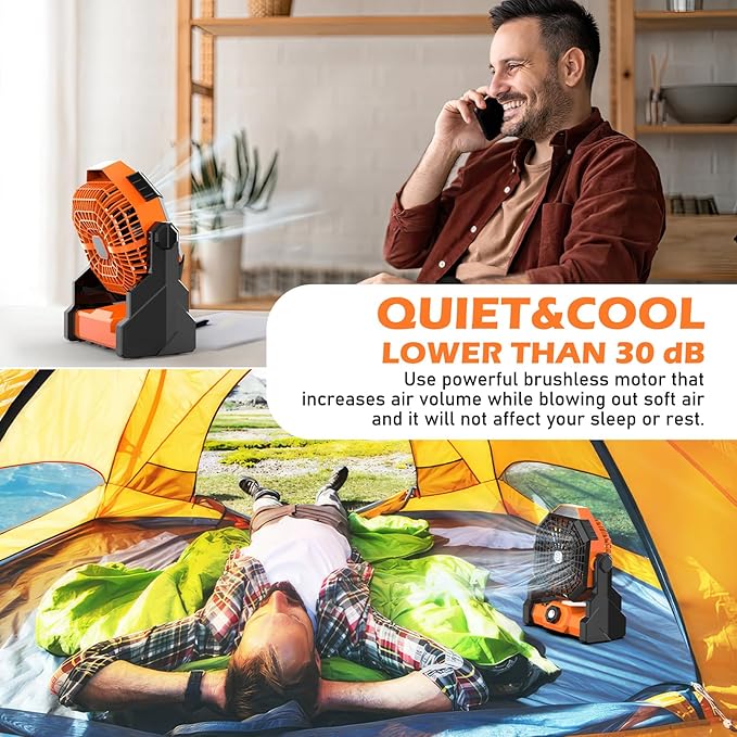 Camping Fan Rechargeable, 10400mAh Portable Battery Operated Camping Fan for Tents, Hangable USB Silent Camping Fans with LED Lantern, Suitable for Fishing, Camping, Bedroom, Workplace (Orange)