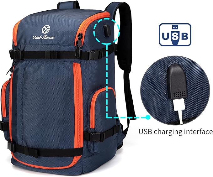 Ski Boot Bag Backpack, 50L Large Capacity Water-Resistant Padded Ski Travel Bag & Snowboard Boot Bag for Ski Boots, Helmet, Goggles, Clothes, Gloves, Snowboard Gear (Dark Blue)