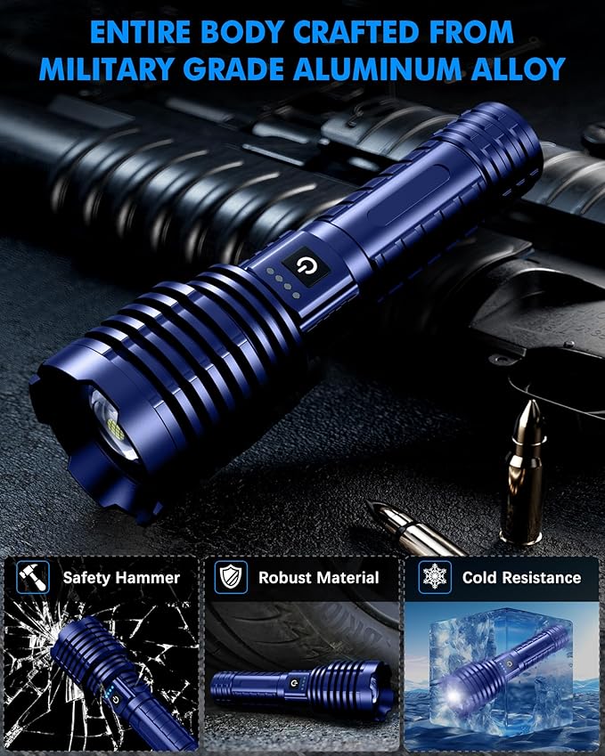 Super Bright Rechargeable LED Flashlights, 2500.000 True High Lumens, Powerful Tactical Flashlight Up to 25H Long Battery Life |Zoomable|5Light Modes|IP67 Water Resistant for Camping (Blue)