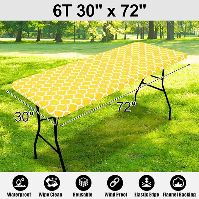 Smiry Rectangle Picnic Table Cover, Waterproof Elastic Fitted Camping Tablecloths for 6 Foot Tables, Wipeable Flannel Backed Vinyl Tablecloth Protector for Indoor, Outdoor (Yellow, 30x72 Inches)
