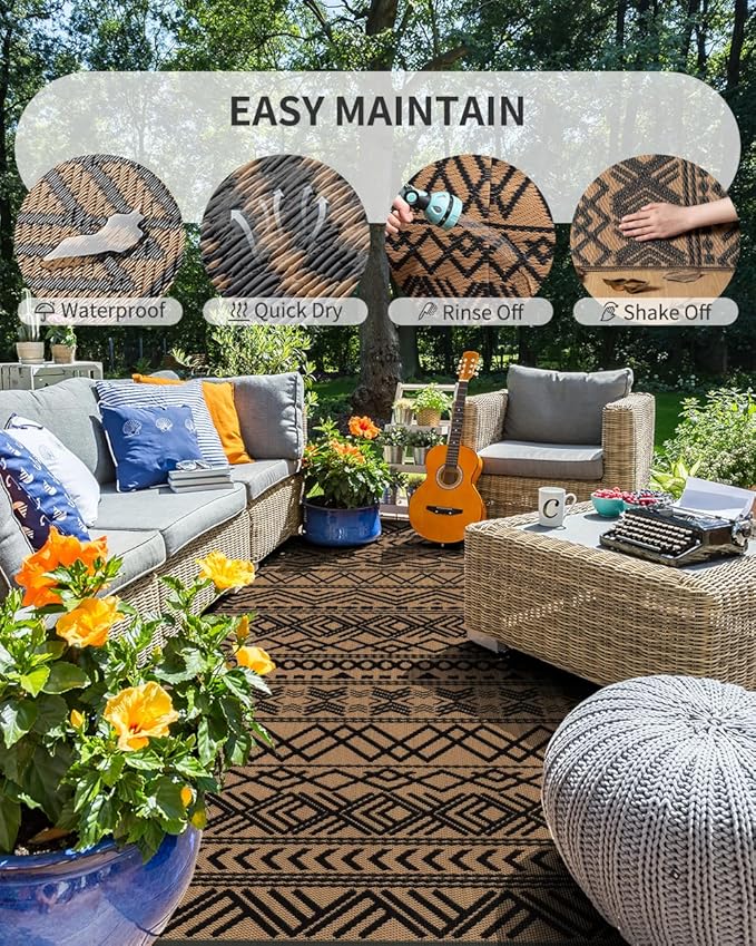 MontVoo Outdoor Rug 8x10 Waterproof Outdoor Patio Rug Mat Reverisble Plastic Straw Outdoor Rug for RV Camping Picnic Beach Balcony Boho Black Brown