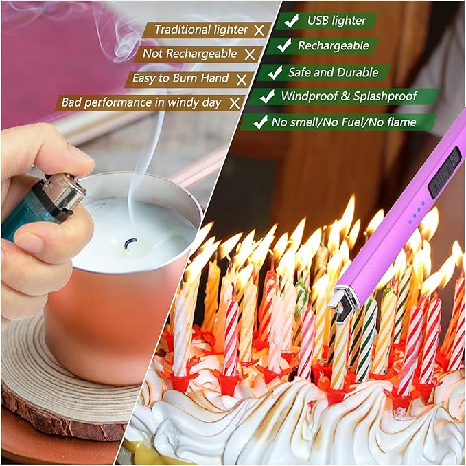 MEIRUBY Lighter Electric Candle Lighter Long Electronic Rechargeable USB Lighter Arc Windproof Flameless Lighters for Candle Camping BBQ Birthday Women's Day Gifts for Women Mom Wife Men, Purple