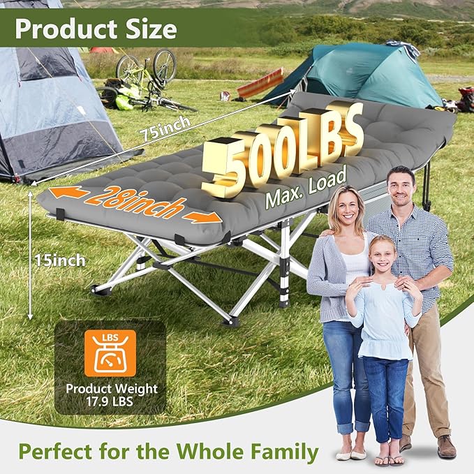 Slendor Camping Cot, Folding Camping Cots for Adults, Portable Sleeping Cot with Carry Bag, 1200D Double Layer Oxford, Camp Cot Bed for Guest Travel, Hiking, Support 500lbs, Charcoal Grey