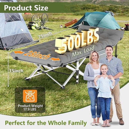 Slendor Camping Cot, Folding Camping Cots for Adults, Portable Sleeping Cot with Carry Bag, 1200D Double Layer Oxford, Camp Cot Bed for Guest Travel, Hiking, Support 500lbs, Charcoal Grey