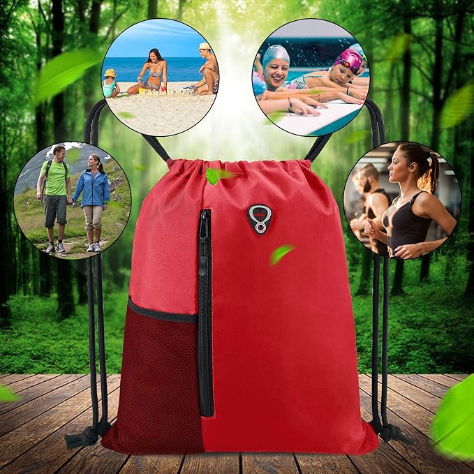 Drawstring Backpack Sports Gym Bag for Women Men Large Size With Two Zipper Pockets and Water Bottle Mesh Pockets