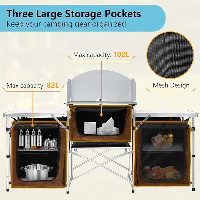Seeutek Camping Kitchen Table, Aluminum Portable Outdoor Cooking Table, Foldable Camp Table with Windscreen and 3 Storage Cupboards Multifunctional for BBQ, Party, Picnics & Outdoor Brown