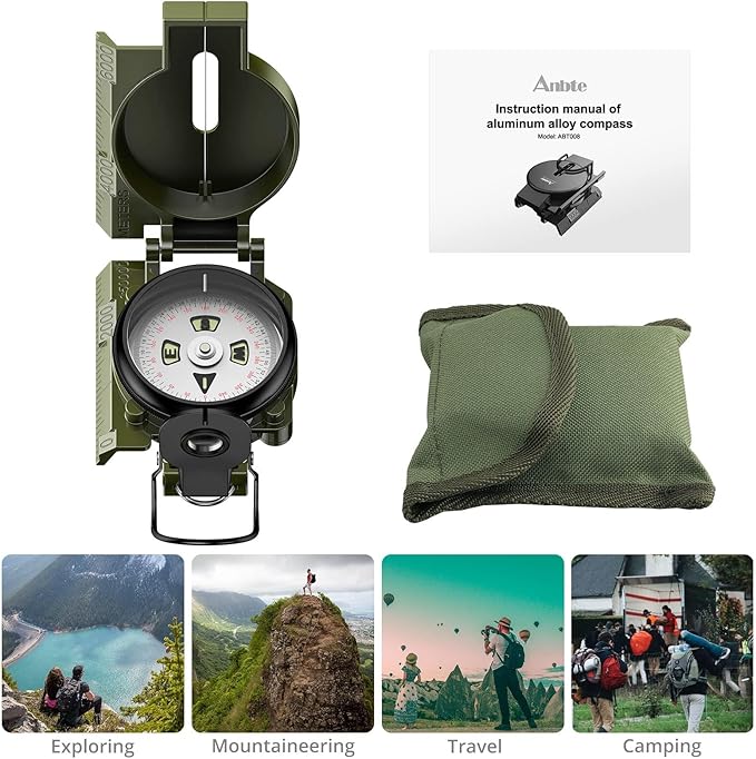 Compass Hiking with Clinometer, Strong Magnetic Intensity 3000 Gauss Professional Military Compass Waterproof Lensatic with Carry Bag, for Navigation Hiking Camping Hunting