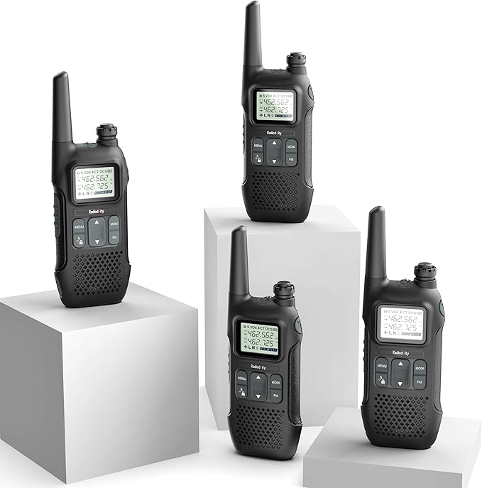 Radioddity FS-T1 FRS Two-Way Radio Long Range License-Free Walkie Talkies NOAA, 22 Channels 154 Privacy Codes with Earpiece, USB Charging, 4 Pack