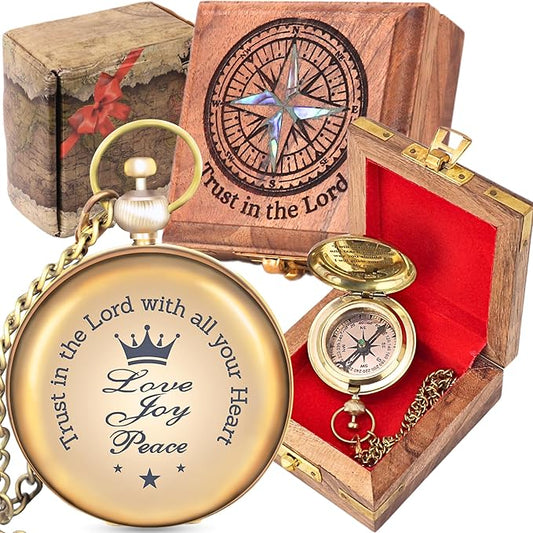 TVV-Christian Compass Gift for Him – Solid Brass Pocket Compass with Bible Verses – Baptism Gifts for Boys, Religious Compass Gift for Graduation, Confirmation – Includes Wooden Box & Greeting Card