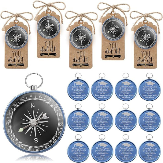 Coume 2025 Inspirational Graduation Gifts Engraved Compass for Middle Senior College Graduate Student Compass with You Did It Diploma Sign Tag Gift for Travel Grad Souvenir Favor(Blue,24 Set)