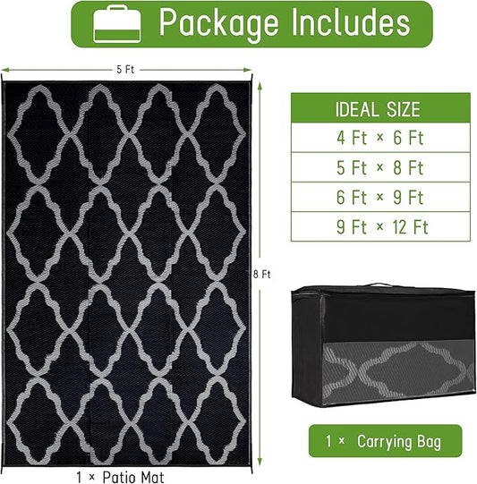 Easy-Going Reversible Outdoor Rugs 5x8ft Waterproof Plastic Straw Rug Stain & UV Resistant Floor Mat for Patio Porch RV Backyard Pool Deck Picnic Beach Trailer Camping (Moroccan Black & Light Grey)