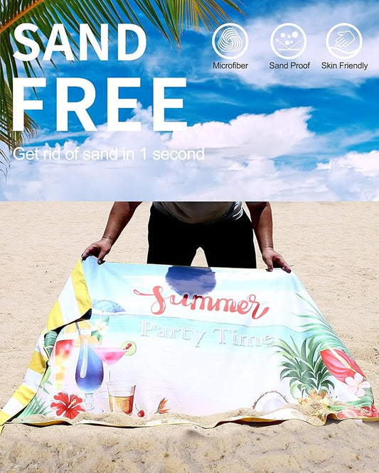 Microfiber Beach Towels for Adults - Large Travel Towel Fast Drying Lightweight 62x32 Inch, Sand Free Towel with Pouch, Buttons, Elastic Band for Fitness, Yoga, Sauna, Camping, Swim (Summer)