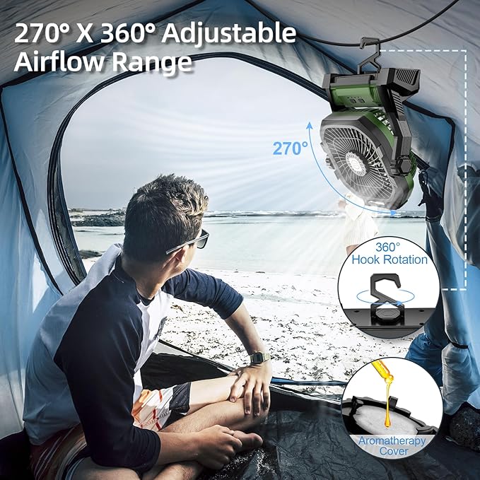 Camping Fan Rechargeable, 20000mAh Battery Powered Portable Fan with LED Light, 4-Speed 180° Adjustable, Camping Essentials for Tent, Travel, Car, Outdoor, Indoor, BBQ, Fishing, Jobsite - Green
