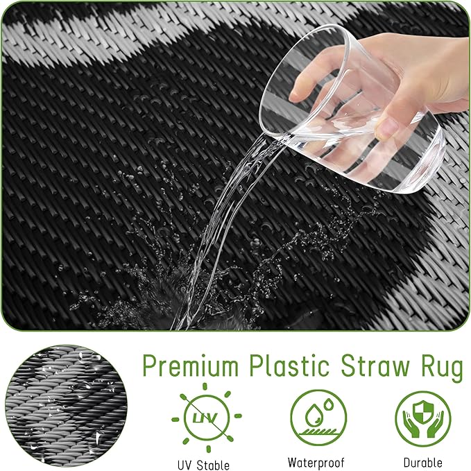 Easy-Going Reversible Outdoor Rugs 4x6ft Waterproof Plastic Straw Rug Stain & UV Resistant Floor Mat for Patio Porch RV Backyard Pool Deck Picnic Beach Trailer Camping (Moroccan Black & Light Grey)