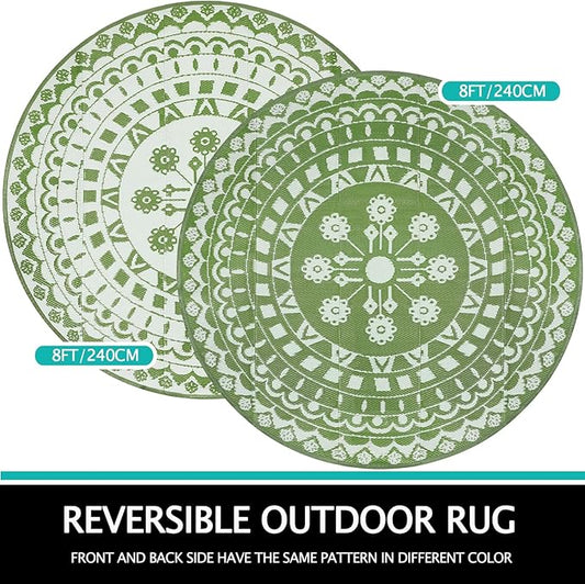 Capslpad 8Ft Round Outdoor Rug for Patios Clearance Reversible Mat Plastic Straw Patio Rugs Lightweight RV Camping Mat Circle Outside Area Rug Carpet for Balcony Deck Trailer Picnic BBQ,Green