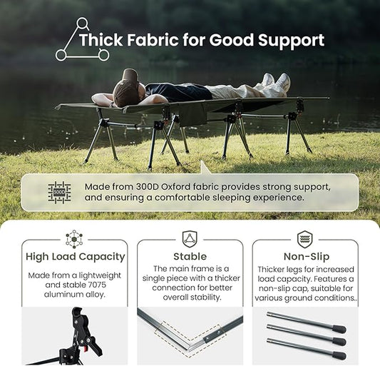 OneTigris SUPRANUBIS Camping Cot, Height Adjustable with Cot Leg Extenders, Strong Support 330lbs, Portable Folding Bed for Camping, Hiking, Travel, Truck, Beach, Office Nap (Ranger Green)