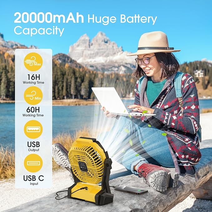 Portable Fan Rechargeable, 20000mah Cordless Battery Powered Fan with LED Lantern, USB Battery Operated for Travel Bedroom Home Camping Tent Office Beach Desk Picnic Fishing Table