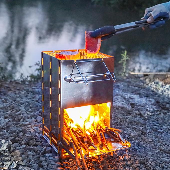 REDCAMP Wood Burning Folding Camp Stove Stainless Steel Grill, Extra High Portable Collapsible Backpacking Stove Survival Rocket Stove for Hiking Outdoor Tent Camping Picnic BBQ, Large